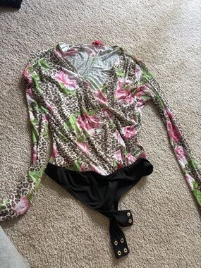 Floral Leopard Print Long Sleeve Bodysuit with Snap Bottom